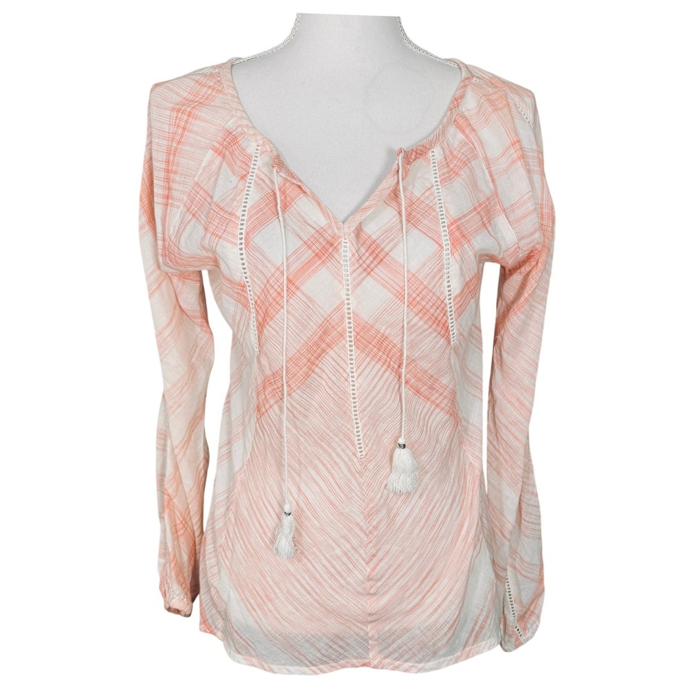 Sundance Women's Peach White Plaid Tassel Tie Cotton Blouse Top Small Casual GUC